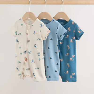 teal blue two way zip baby rompers 3 pack (0mths 3yrs)