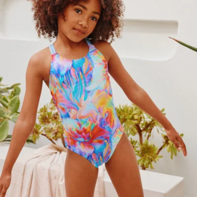 blue swirl double strap swimsuit (3 16yrs)