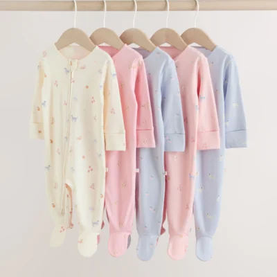 multi pastel character 5 pack two way zip baby sleepsuits (0 2yrs)