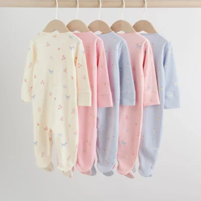multi pastel character 5 pack two way zip baby sleepsuits (0 2yrs)