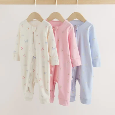 multi pastel character 3 pack two way zip baby sleepsuit (0mths 3yrs)