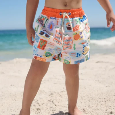 white postcard printed swim shorts (3mths 7yrs)
