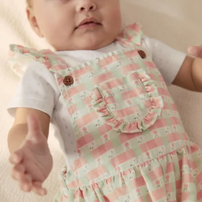 pink check baby dungarees and bodysuits set 2 piece (0mths 2yrs)