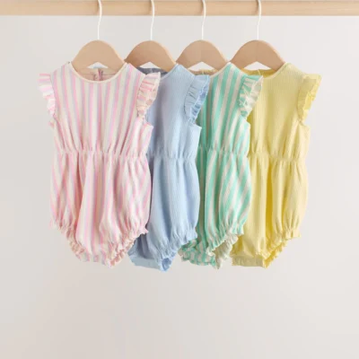 multi pastel stripe frill shoulder baby rompers 4 pack