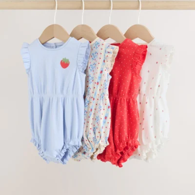 blue strawberry frill shoulder baby rompers 4 pack