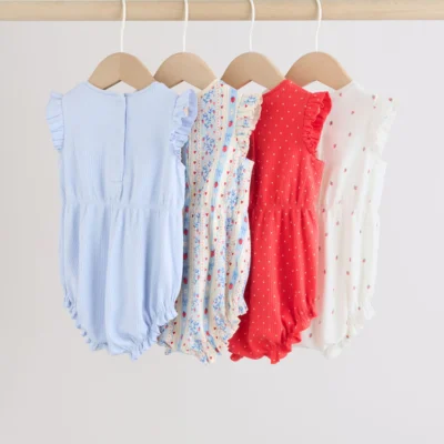 blue strawberry frill shoulder baby rompers 4 pack