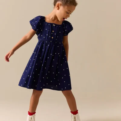 navy blue spot short sleeve dress (3 16yrs)