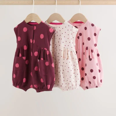 pink polka dot button through baby rompers 3 pack