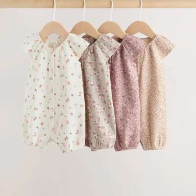 neutral floral popper through jersey baby rompers 4 pack