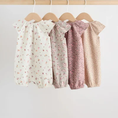 neutral floral popper through jersey baby rompers 4 pack