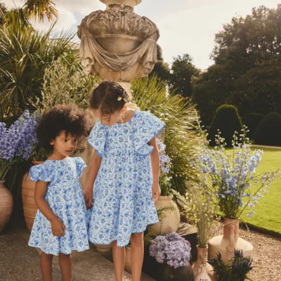 blue floral angel sleeve dress (3mths 8yrs)