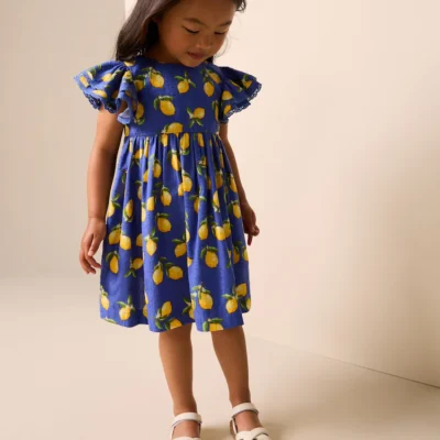 blue lemon print angel sleeve dress (3mths 8yrs)