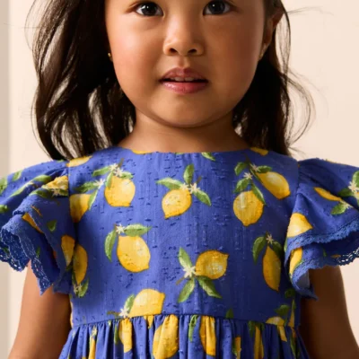 blue lemon print angel sleeve dress (3mths 8yrs)