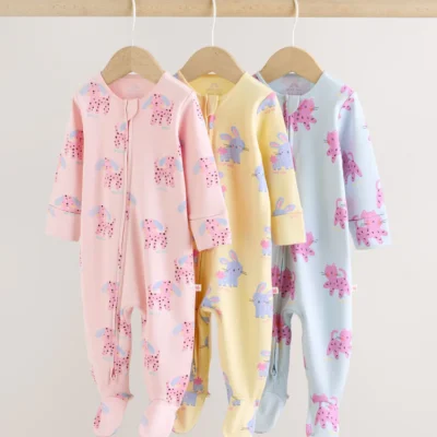 pink/yellow character two way zip baby sleepsuits 3 pack (0mths 2yrs)