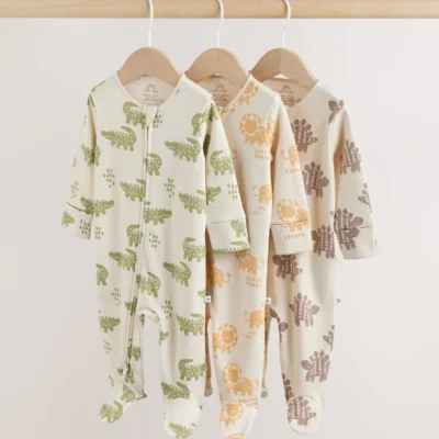 multi safari two way zip baby sleepsuits 3 pack (0mths 2yrs)