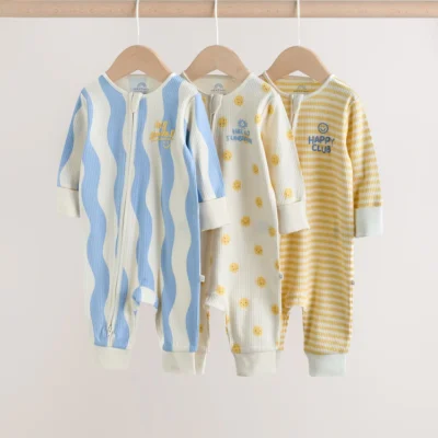 yellow/blue sunshine two way zip baby sleepsuits 3 pack (0mths 3yrs)