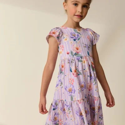 lilac floral angel sleeve crinkle dress (3 16yrs)
