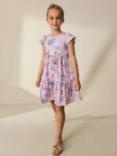 lilac floral angel sleeve crinkle dress (3 16yrs)