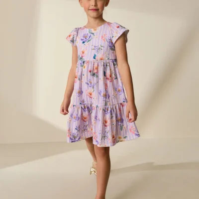 lilac floral angel sleeve crinkle dress (3 16yrs)