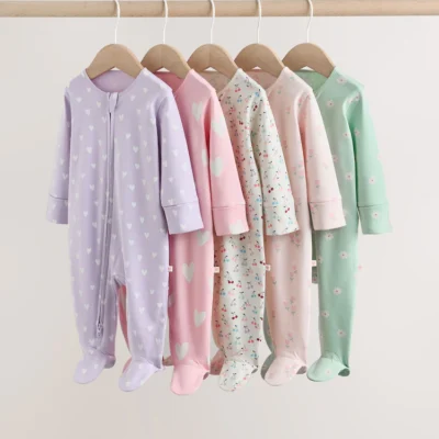 pastel two way zip baby sleepsuits 5 pack (0mths 2yrs)