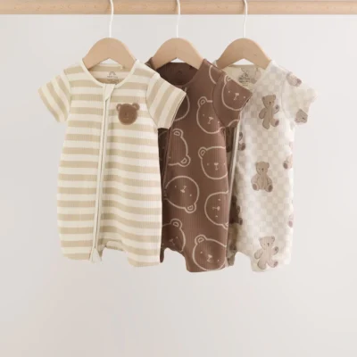 brown two way zip baby rompers 3 pack (0mths 3yrs)
