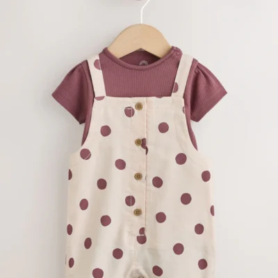 burgundy/ecru spot woven baby dungaree and bodysuit 2 piece set (0mths 2yrs)