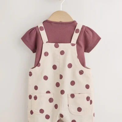 burgundy/ecru spot woven baby dungaree and bodysuit 2 piece set (0mths 2yrs)
