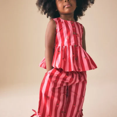 red/pink stripe blouse and trousers co ord set (3mths 8yrs)