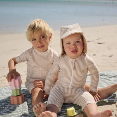 neutral striped sunsafe swimsuit and hat set (3mths 7yrs)