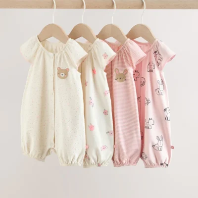 pink character all over printed button through jersey baby rompers 4 pack