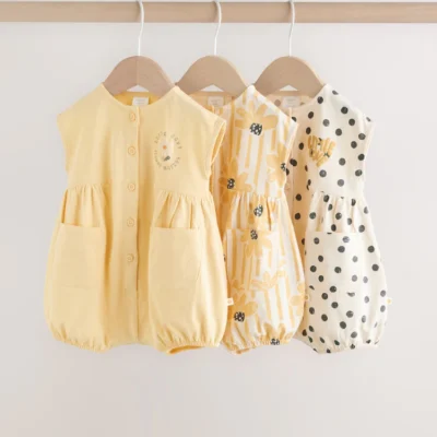 yellow floral button through button through baby rompers 3 pack