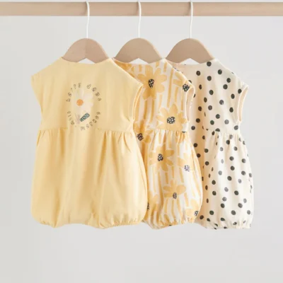 yellow floral button through button through baby rompers 3 pack
