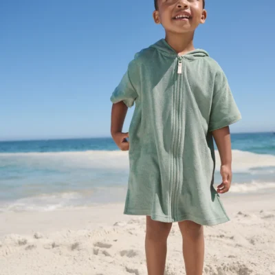 sage green towelling zip through cover up (3mths 7yrs)