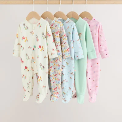 pink/green two way zip baby sleepsuits 5 pack (0mths 2yrs)