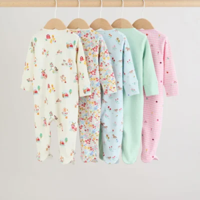 pink/green two way zip baby sleepsuits 5 pack (0mths 2yrs)