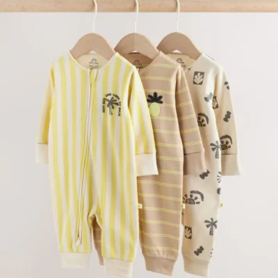 multi palm two way zip baby sleepsuits 3 pack (0mths 3yrs)