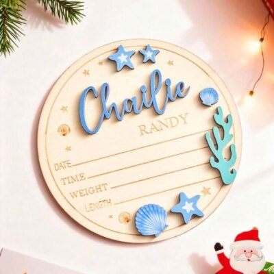 personalized newborn name wooden sign with seashell