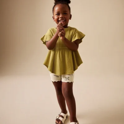 green ditsy floral ribbed top and cycle shorts set (3mths 7yrs)