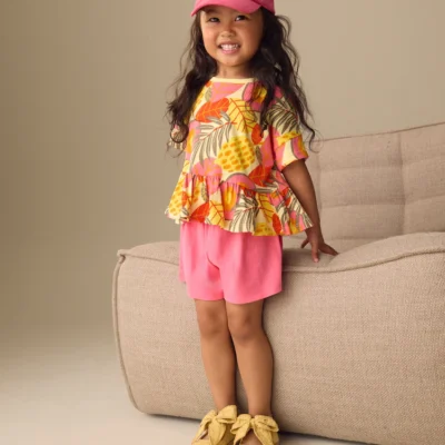 pink flowers short sleeve top and shorts set (3mths 7yrs)