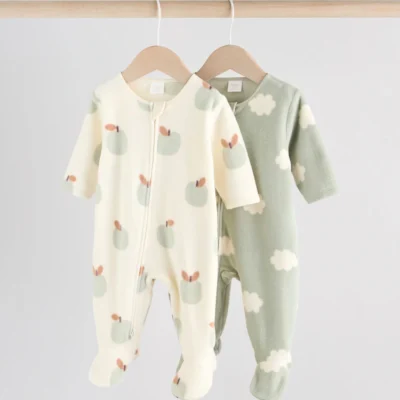 sage green apple baby micro fleece two way zip sleepsuits 2 pack