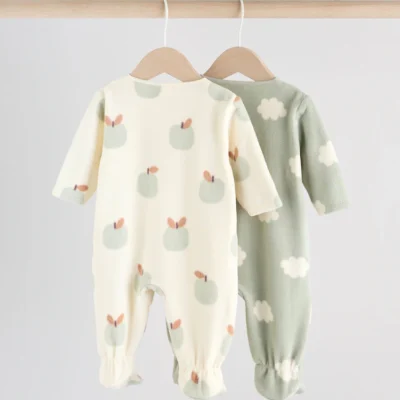 sage green apple baby micro fleece two way zip sleepsuits 2 pack